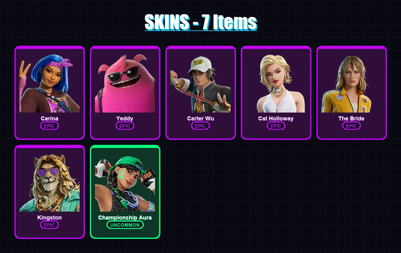 [PC/XBOX/PSN] | Carina | Yeddy | Carter Wu | Cat Holloway | The Bride | 7 skin | 14 pickaxe | 12 emote | 13 glider | Lv89