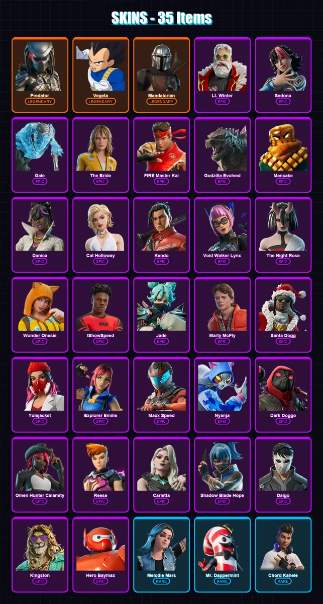 [PC/PSN] | Predator | Vegeta | Mandalorian | Lt. Winter | Sedona | 35 skin | 53 pickaxe | 30 emote | 34 glider | Lv380