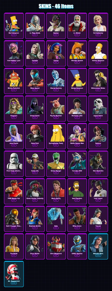 [PC/XBOX/PSN] | Bart Simpson | Lt. Ripp Slade | Danica | Lt. Winter | Cat Holloway | 46 skin | 67 pickaxe | 45 emote | 38 glider | Lv565 — Fortnite account