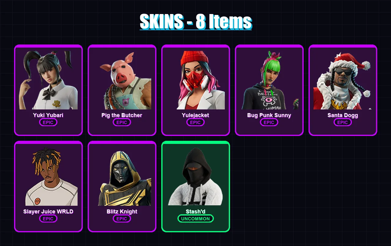 [PC/PSN] | Yuki Yubari | Pig the Butcher | Yulejacket | Bug Punk Sunny | Santa Dogg | 8 skin | 60 pickaxe | 24 emote | 34 glider | Lv506