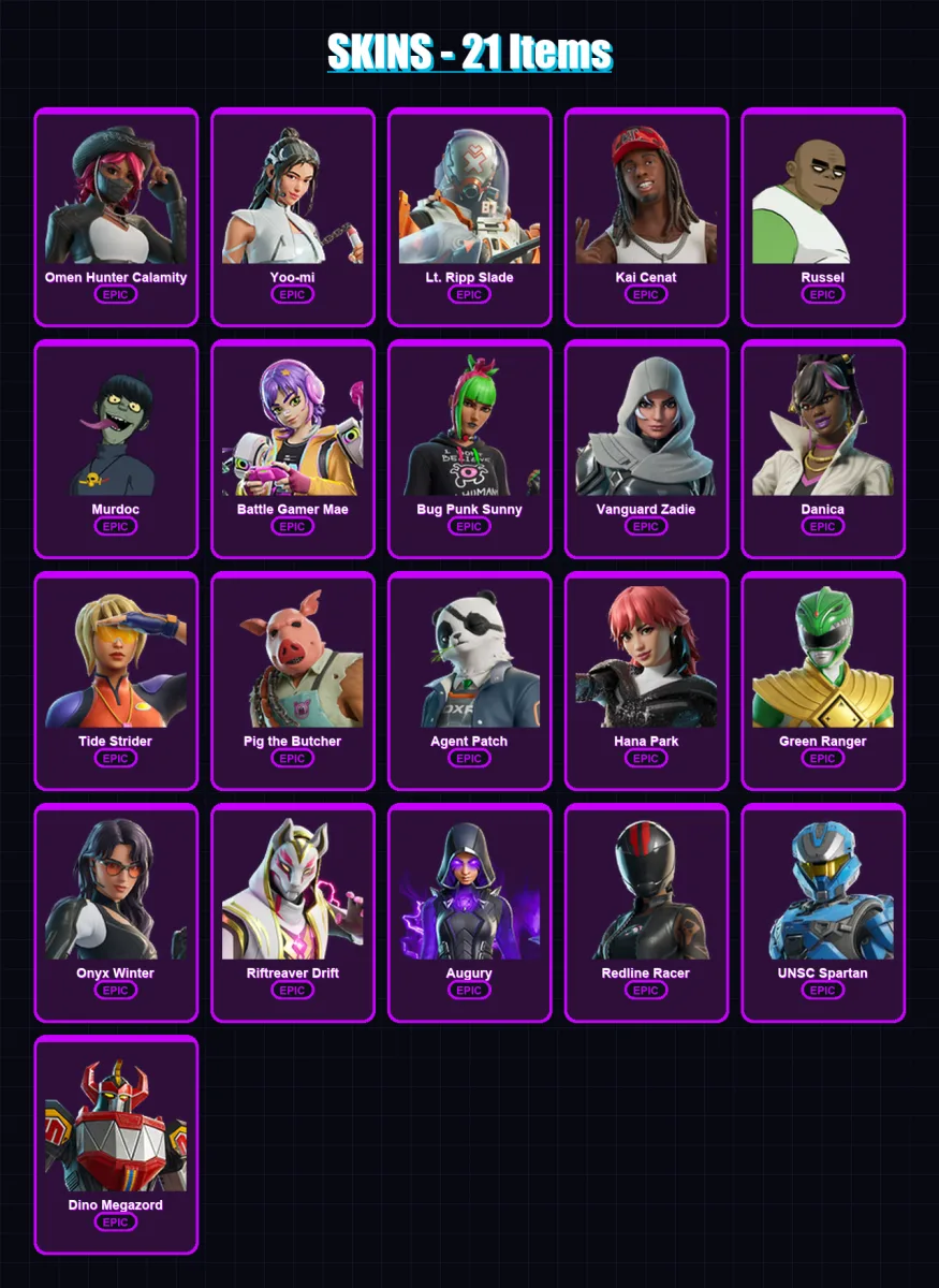 [PC/XBOX/PSN] | Omen Hunter Calamity | Yoo-mi | Lt. Ripp Slade | Kai Cenat | Russel | 21 skin | 51 pickaxe | 38 emote | 29 glider | Lv430