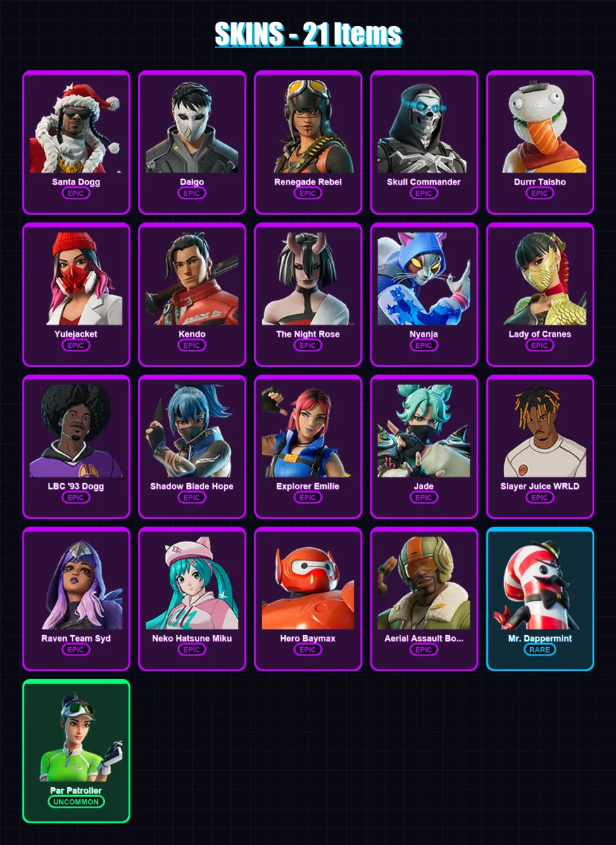 [PC/XBOX/PSN] | Santa Dogg | Daigo | Renegade Rebel | Skull Commander | Durrr Taisho | 21 skin | 30 pickaxe | 17 emote | 17 glider | Lv205