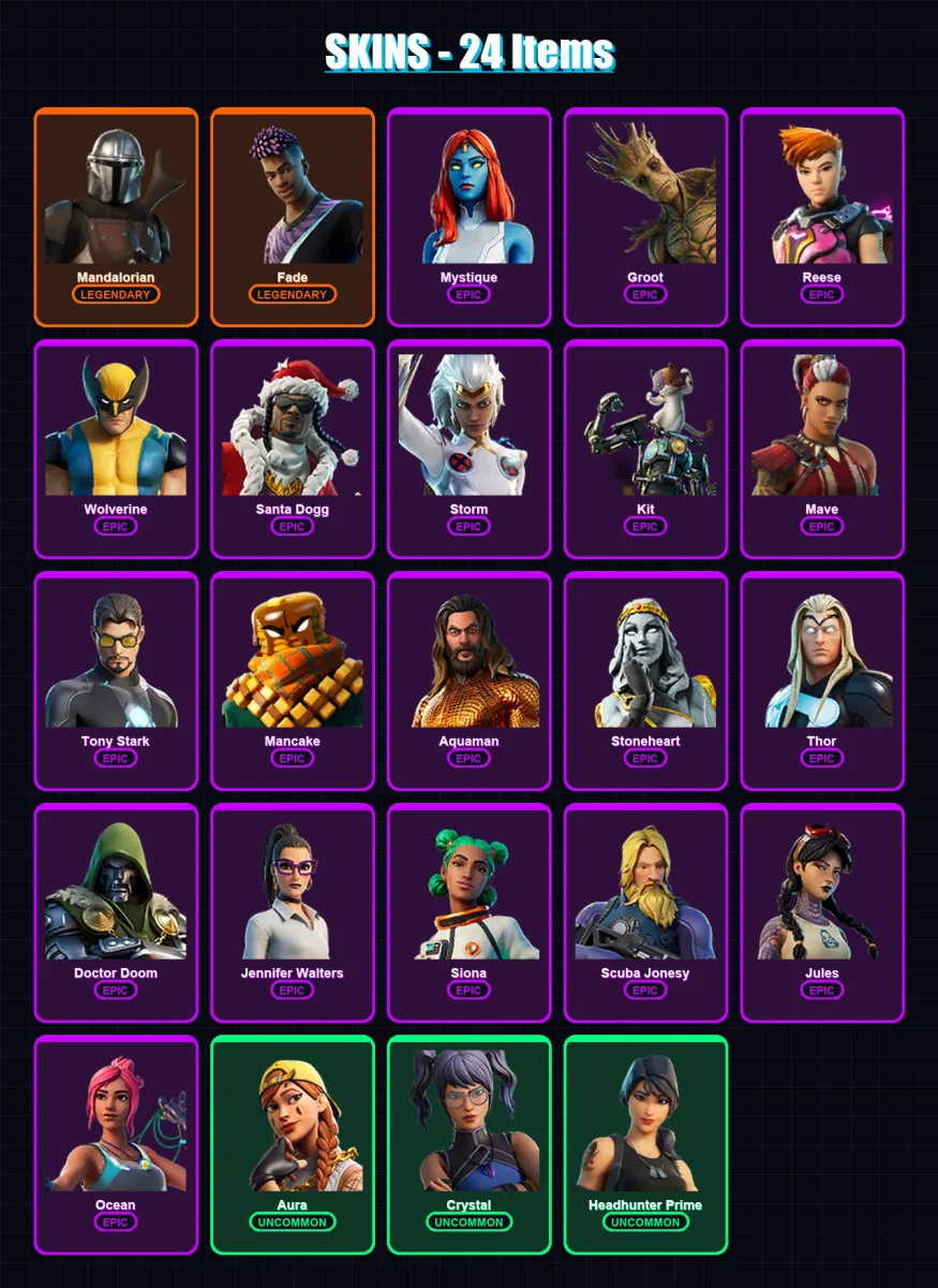 [PS4/PS5/XBOX/PC] | Mandalorian | Fade | Mystique | Groot | Reese | 24 skin | 38 pickaxe | 21 emote | 34 glider | Lv425 — Fortnite account