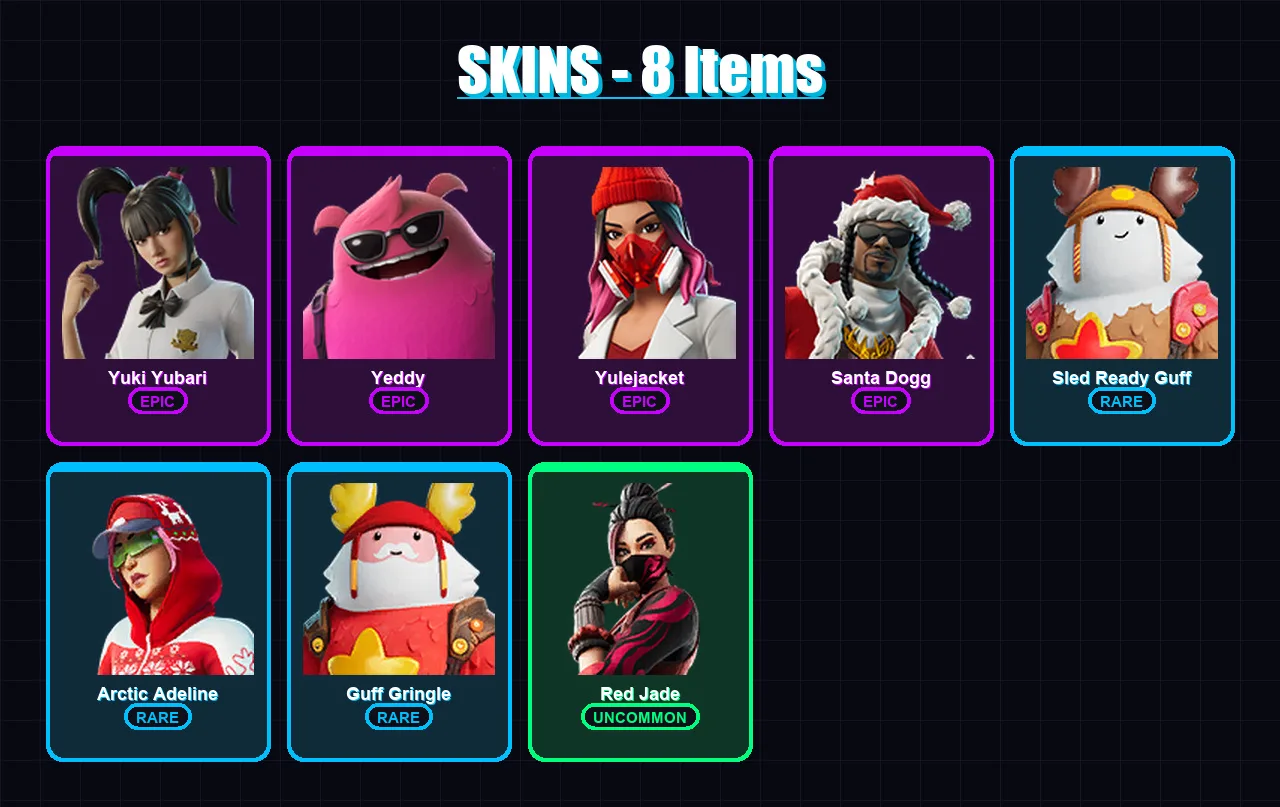 [PC/XBOX/PSN] | Yuki Yubari | Yeddy | Yulejacket | Santa Dogg | Sled Ready Guff | 8 skin | 24 pickaxe | 16 emote | 20 glider | Lv116