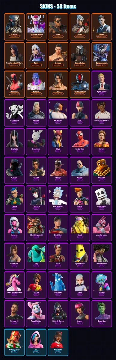 [PC/XBOX] | Predator | The Cube Queen | Joey | Ronin | Midas | 58 skin | 71 pickaxe | 58 emote | 64 glider | Lv1016