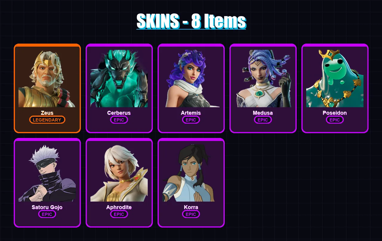 [PC] | Zeus | Cerberus | Artemis | Medusa | Poseidon | 8 skin | 22 pickaxe | 13 emote | 18 glider | Lv156