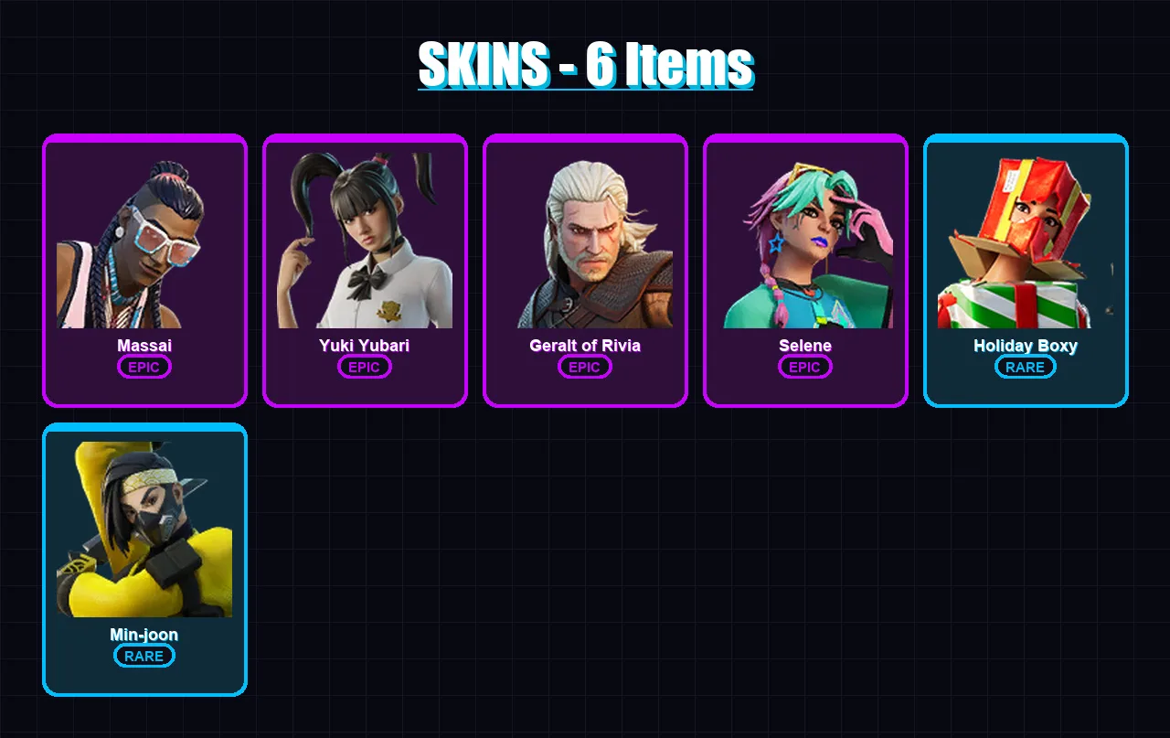 [PC/XBOX/PSN] | Massai | Yuki Yubari | Geralt of Rivia | Selene | Holiday Boxy | 6 skin | 15 pickaxe | 13 emote | 17 glider | Lv189