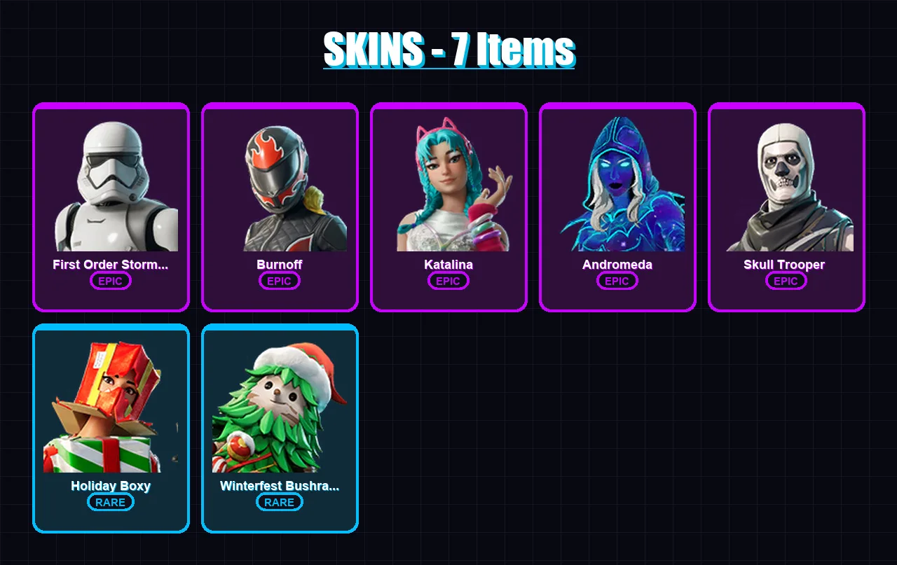 [PC/XBOX/PSN] | First Order Stormtrooper | Burnoff | Katalina | Andromeda | Skull Trooper  | 7 skin | 19 pickaxe | 7 emote | 11 glider | Lv110