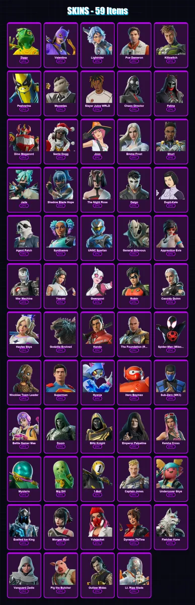 [SWITCH/PC] | Ziggy | Valentina | Lightrider | Poe Dameron | Killswitch | 59 skin | 98 pickaxe | 66 emote | 66 glider | Lv1268