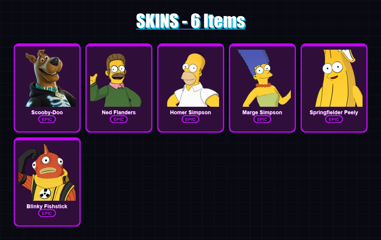[PC/XBOX/PSN] | Scooby-Doo | Ned Flanders | Homer Simpson | Marge Simpson | Springfielder Peely | 6 skin | 22 pickaxe | 11 emote | 14 glider | Lv151