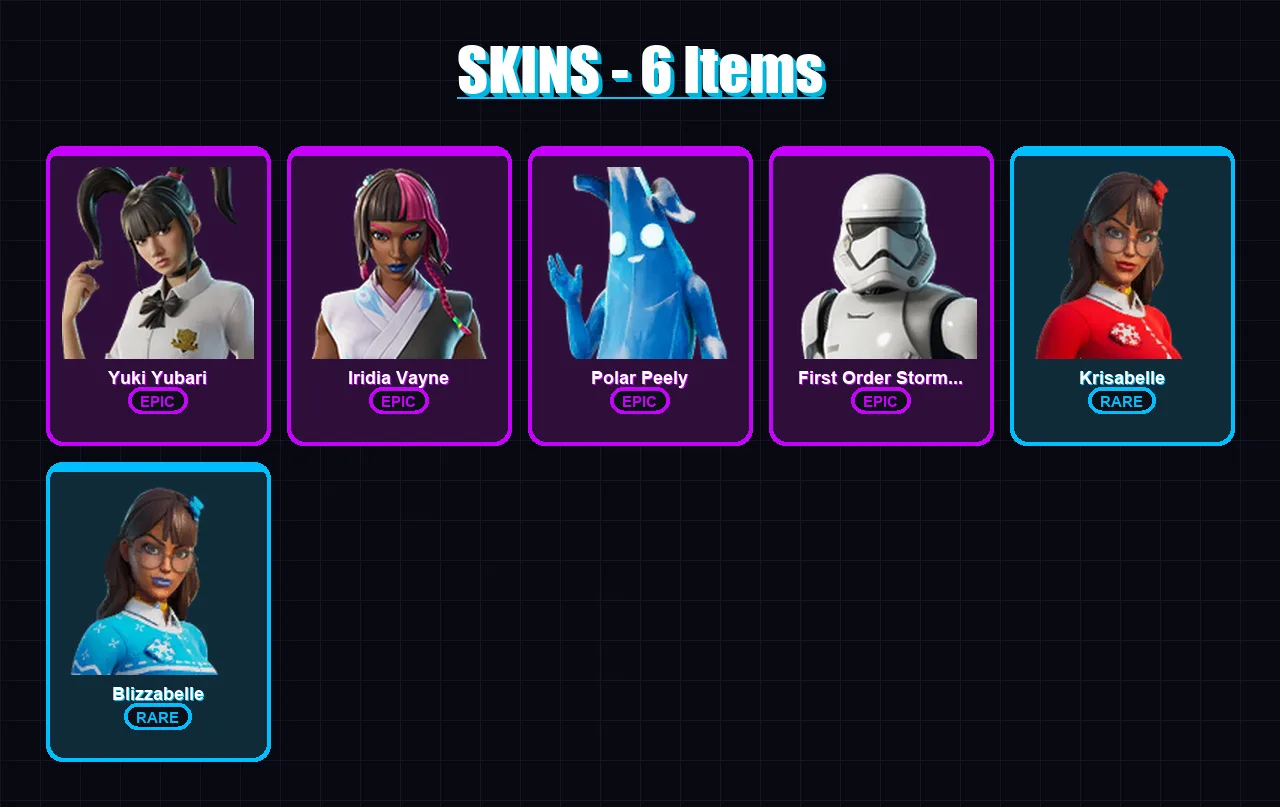 [PC/PSN] | Yuki Yubari | Iridia Vayne | Polar Peely | First Order Stormtrooper | Krisabelle | 6 skin | 31 pickaxe | 22 emote | 24 glider | Lv830