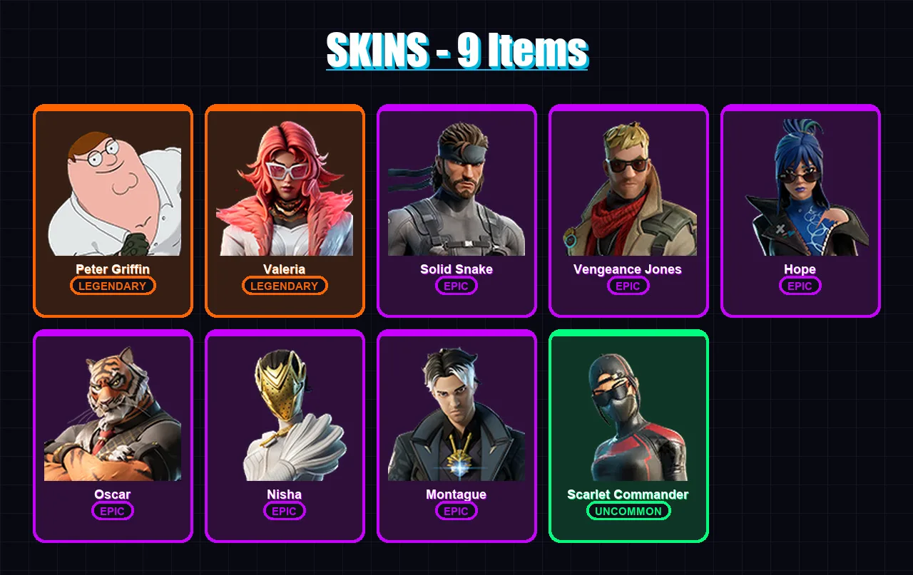 [PC/XBOX] | Peter Griffin | Valeria | Solid Snake | Vengeance Jones | Hope | 9 skin | 25 pickaxe | 19 emote | 18 glider | Lv261