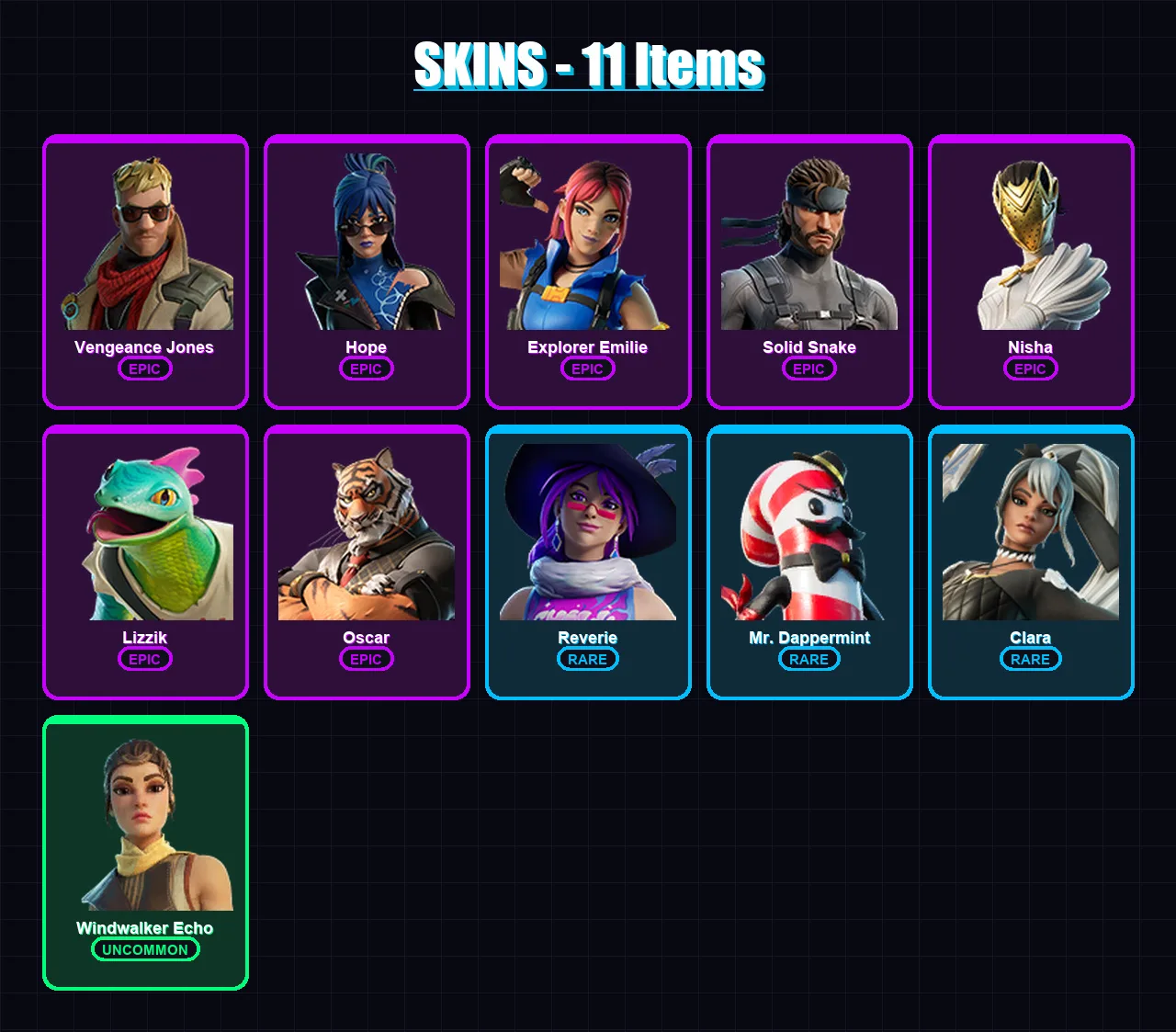 [PS4/PS5/XBOX/PC] | Vengeance Jones | Hope | Explorer Emilie | Solid Snake | Nisha | 11 skin | 11 pickaxe | 6 emote | 8 glider | Lv67