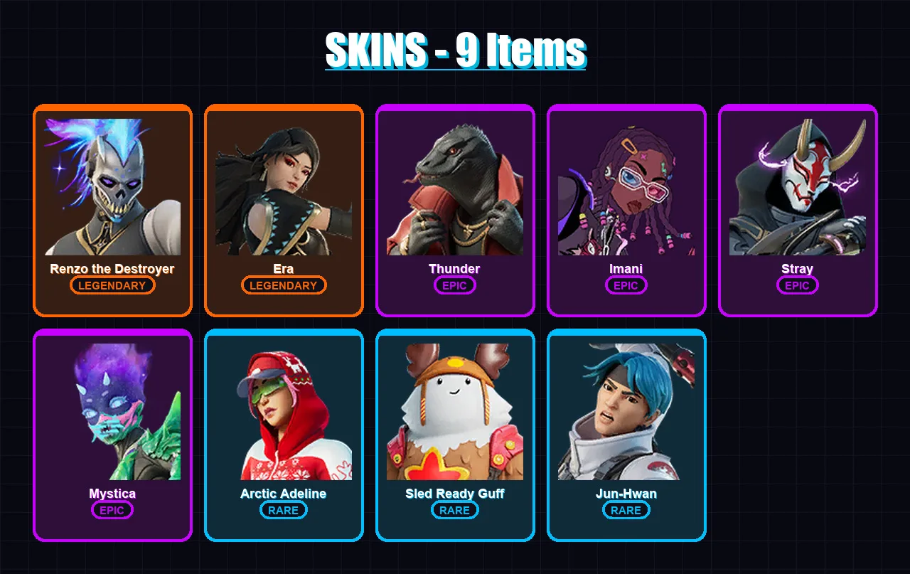 [PS4/PS5/XBOX/PC] | Renzo the Destroyer | Era | Thunder | Imani | Stray | 9 skin | 17 pickaxe | 10 emote | 18 glider | Lv240