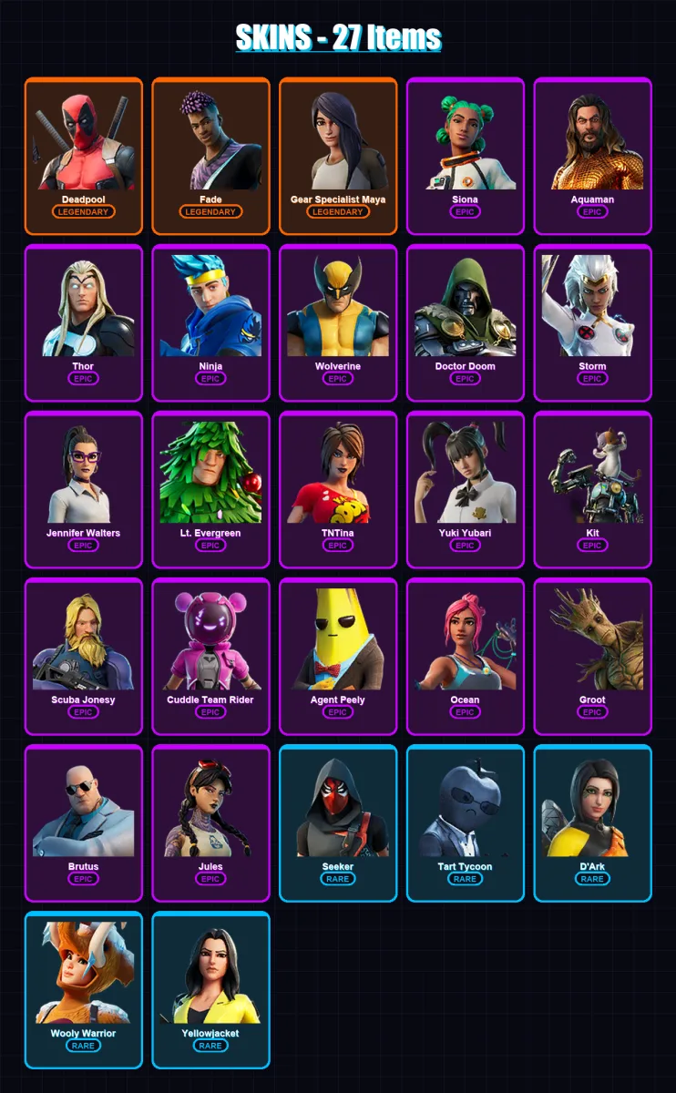 [SWITCH/XBOX/PSN/PC] | Deadpool | Fade | Gear Specialist Maya | Siona | Aquaman | 27 skin | 34 pickaxe | 29 emote | 30 glider | Lv385