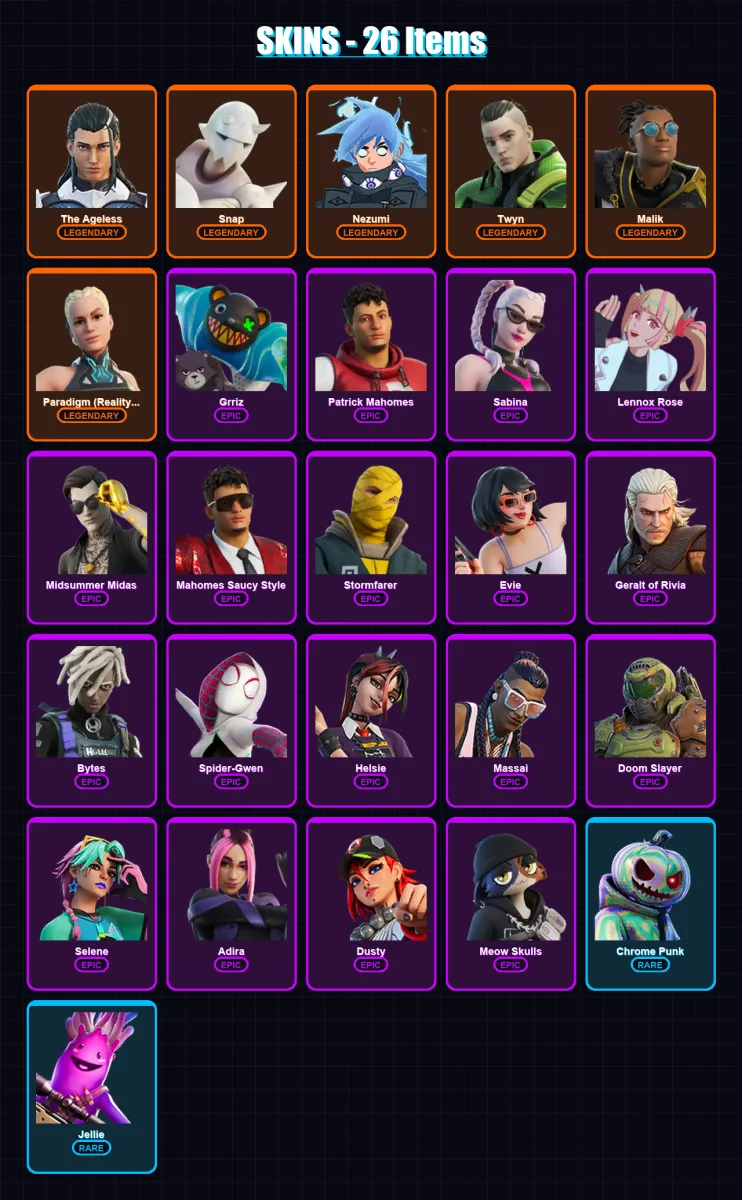 [PC/XBOX/PSN] | The Ageless | Snap | Nezumi | Twyn | Malik | 26 skin | 30 pickaxe | 26 emote | 30 glider | Lv421