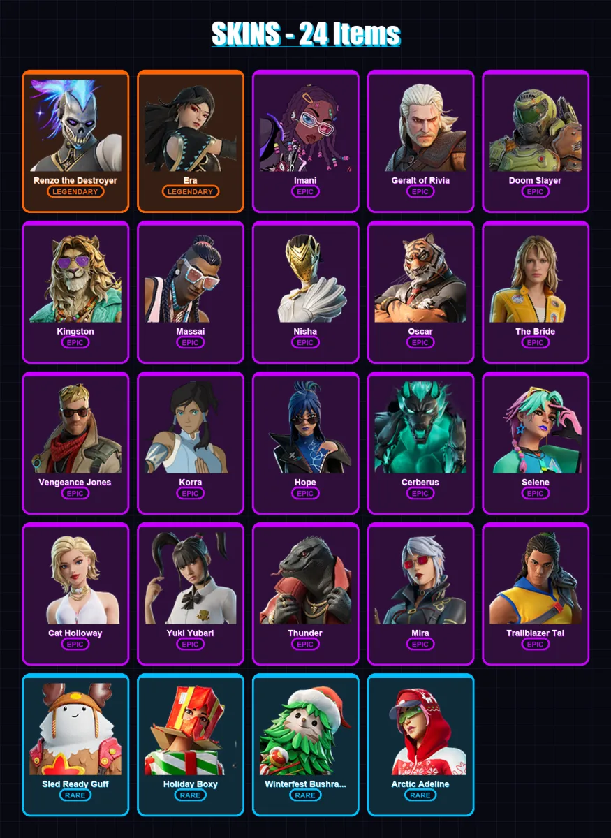 [PC/XBOX] | Renzo the Destroyer | Era | Imani | Geralt of Rivia | Doom Slayer | 24 skin | 41 pickaxe | 22 emote | 36 glider | Lv280