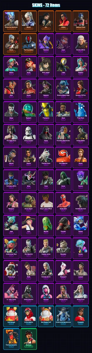 [PS4/PS5/XBOX/PC] | Renzo the Destroyer | Mizuki | Era | Joltara | Optimus Prime | 72 skin | 121 pickaxe | 82 emote | 101 glider | Lv2369