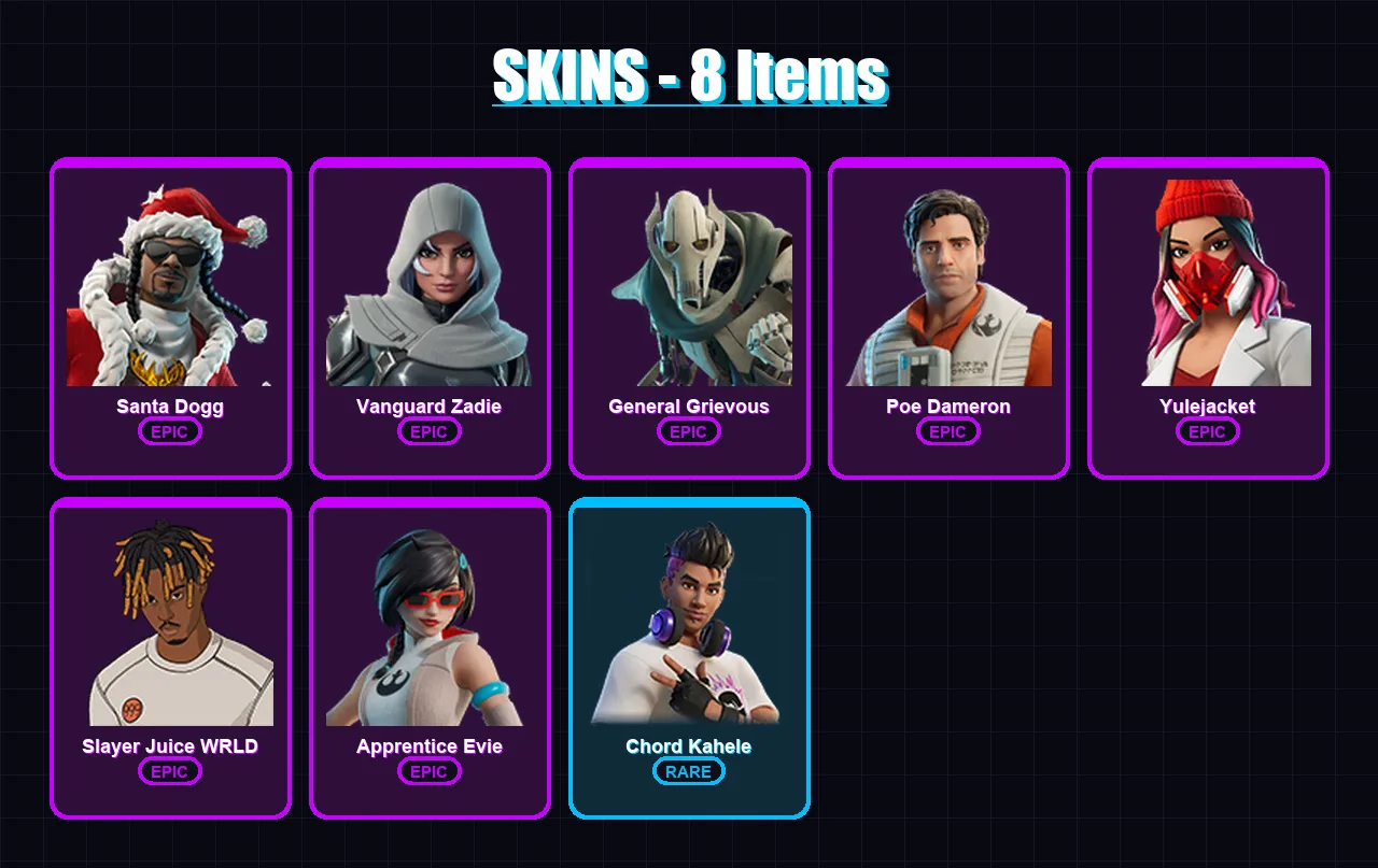 [PC/XBOX/PSN] | Santa Dogg | Vanguard Zadie | General Grievous | Poe Dameron | Yulejacket | 8 skin | 37 pickaxe | 14 emote | 22 glider | Lv268