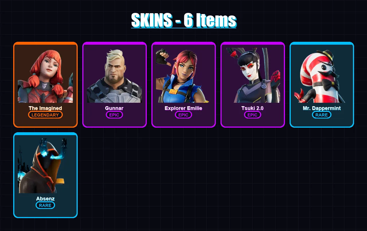 [PC/PSN] | The Imagined | Gunnar | Explorer Emilie | Tsuki 2.0 | Mr. Dappermint | 6 skin | 11 pickaxe | 8 emote | 10 glider | Lv227