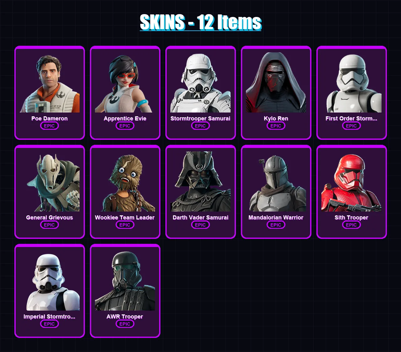 [PC/XBOX/PSN] | Poe Dameron | Apprentice Evie | Stormtrooper Samurai | 12 skin | Lv75