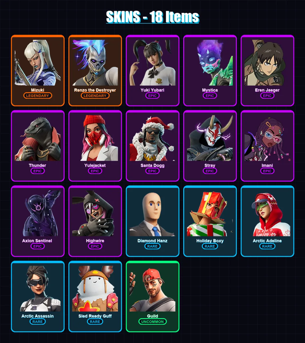 [PS4/PS5/PC] | Mizuki | Renzo the Destroyer | Yuki Yubari | Mystica | Eren Jaeger | 18 skin | 55 pickaxe | 25 emote | 37 glider | Lv472
