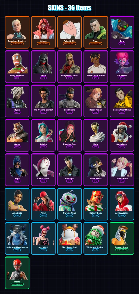 [PC/XBOX] | Paradigm (Reality-659) | Valeria | Peter Griffin | Twyn | Grriz | 36 skin | 50 pickaxe | 37 emote | 41 glider | Lv676