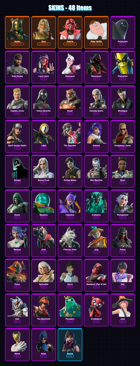 [PC/XBOX] | Hades | Zeus | Valeria | Peter Griffin | Airphorian | 48 skin | 68 pickaxe | 63 emote | 44 glider | Lv585