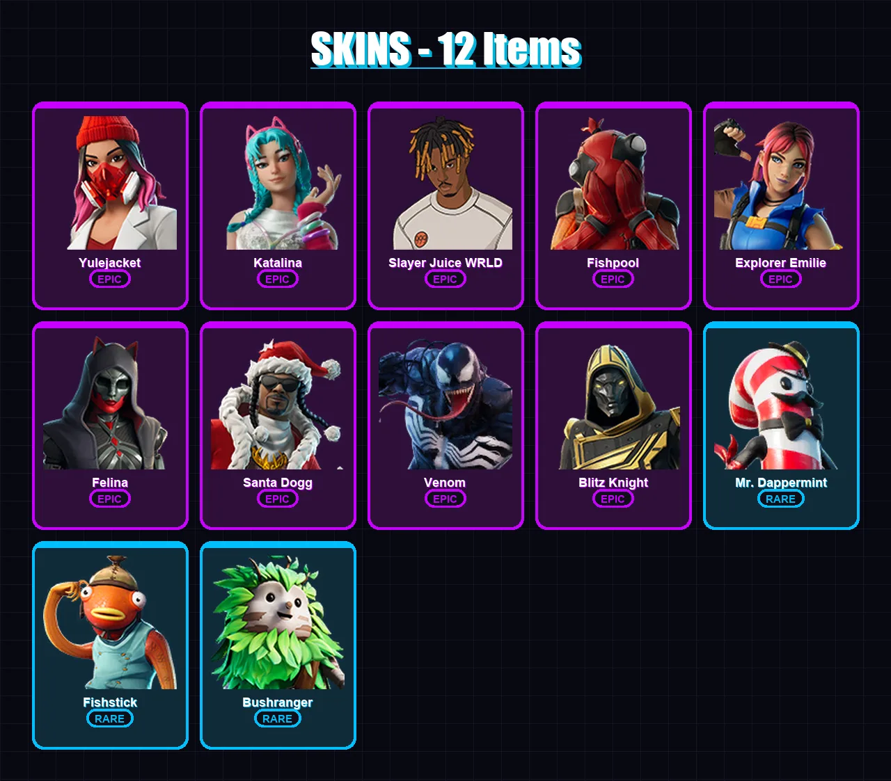 [PC/XBOX/PSN] | Yulejacket | Katalina | Slayer Juice WRLD | Fishpool | Explorer Emilie | 12 skin | 49 pickaxe | 16 emote | 26 glider | Lv627