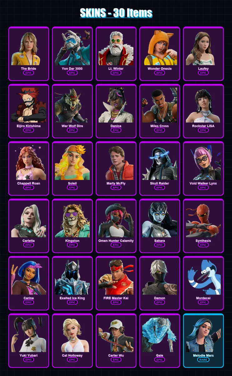 [PC] | The Bride | Yon Dar 3000 | Lt. Winter | Wonder Onesie | Laufey | 30 skin | 33 pickaxe | 26 emote | 16 glider | Lv130