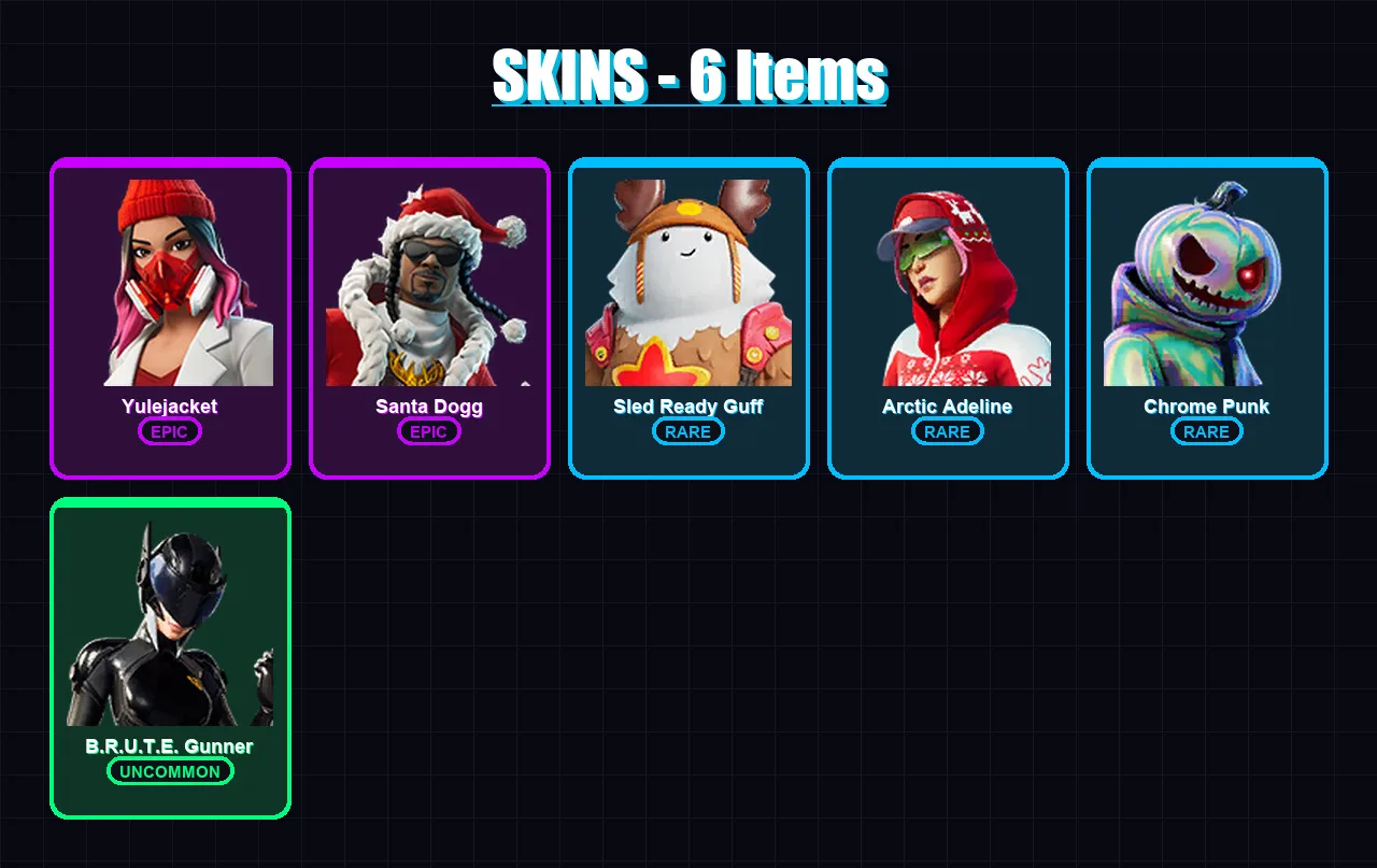 [PS4/PS5/PC] | Yulejacket | Santa Dogg | Sled Ready Guff | Arctic Adeline | Chrome Punk | 6 skin | 32 pickaxe | 9 emote | 30 glider | Lv485