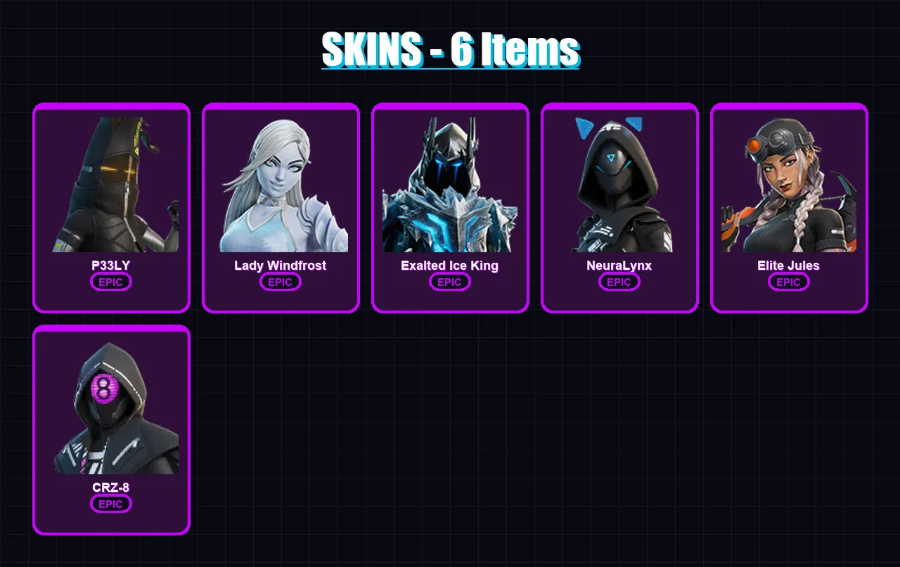 [PC/XBOX/PSN] | P33LY | Lady Windfrost | Exalted Ice King | NeuraLynx | Elite Jules | 6 skin | 21 pickaxe | 11 emote | 16 glider | Lv181