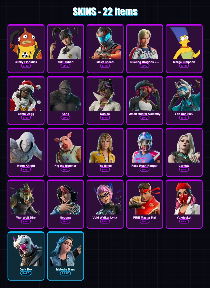 [PC/PSN] | Blinky Fishstick | Yuki Yubari | Maxx Speed | Dueling Dragons Jackie | Marge Simpson | 22 skin | 37 pickaxe | 32 emote | 26 glider | Lv26