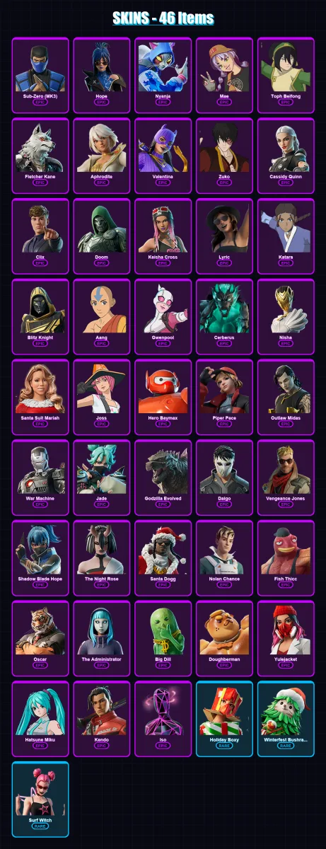 [PC/PSN] | Sub-Zero (MK3) | Hope | Nyanja | Mae | Toph Beifong | 46 skin | 64 pickaxe | 54 emote | 48 glider | Lv473 — Fortnite account