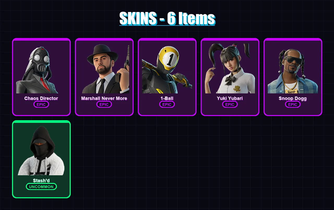 [SWITCH/XBOX/PSN/PC] | Chaos Director | Marshall Never More | 1-Ball | Yuki Yubari | Snoop Dogg | 6 skin | 32 pickaxe | 16 emote | 17 glider | Lv207 — Game account