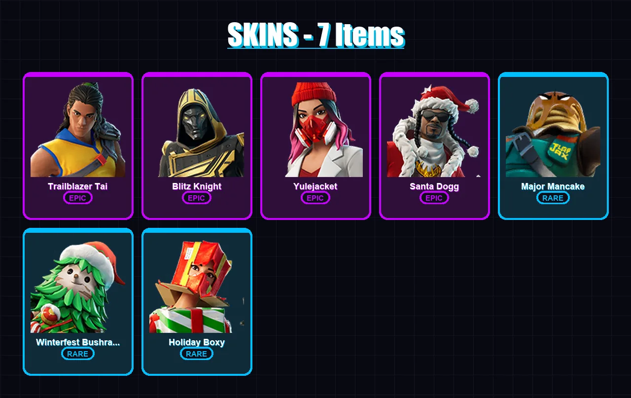 [PC/XBOX] | Trailblazer Tai | Blitz Knight | Yulejacket | Santa Dogg | Major Mancake | 7 skin | 42 pickaxe | 16 emote | 26 glider | Lv432