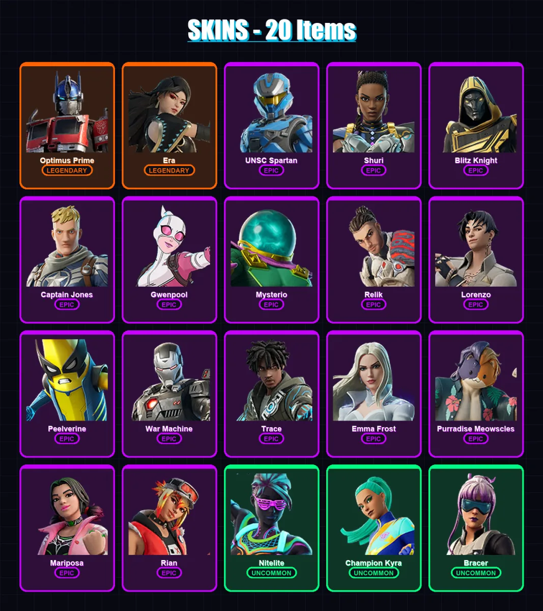 [PS4/PS5/XBOX/PC] | Optimus Prime | Era | UNSC Spartan | Shuri | Blitz Knight | 20 skin | 47 pickaxe | 23 emote | 35 glider | Lv628 — Fortnite account