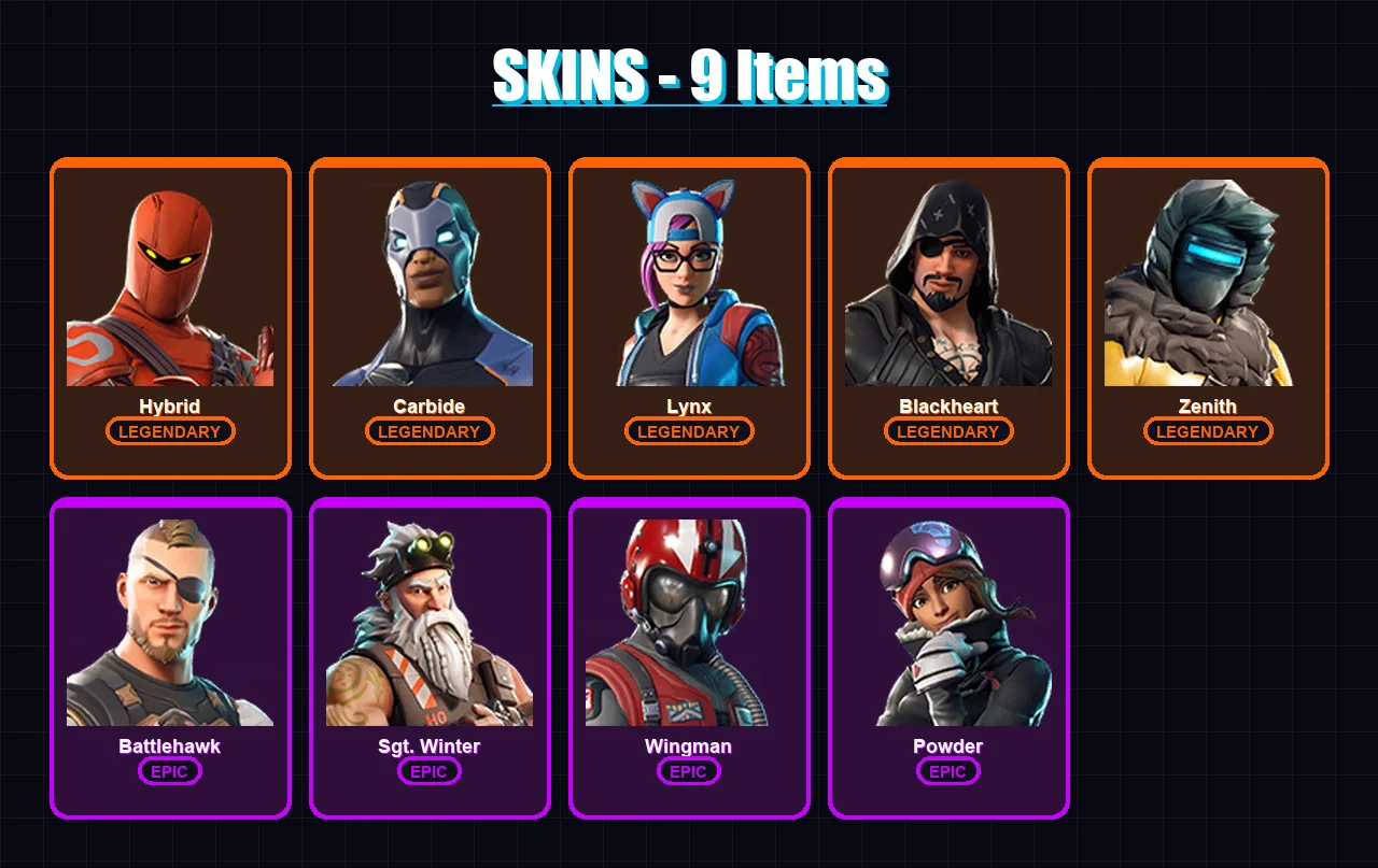 [PC/XBOX/PSN] | Hybrid | Carbide | Lynx | Blackheart | Zenith | 9 skin | 9 pickaxe | 15 emote | 8 glider | Lv135