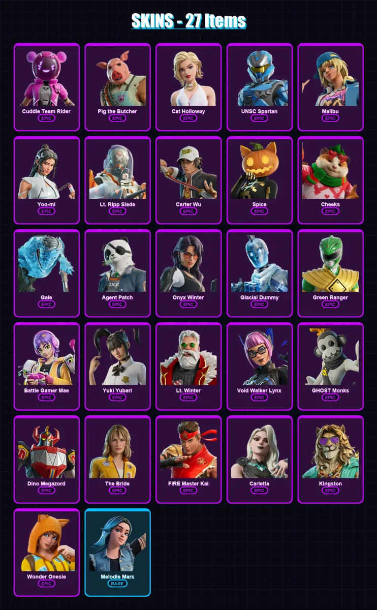 [PS4/PS5/PC] | Cuddle Team Rider | Pig the Butcher | Cat Holloway | UNSC Spartan | Malibu | 27 skin | 48 pickaxe | 33 emote | 29 glider | Lv294