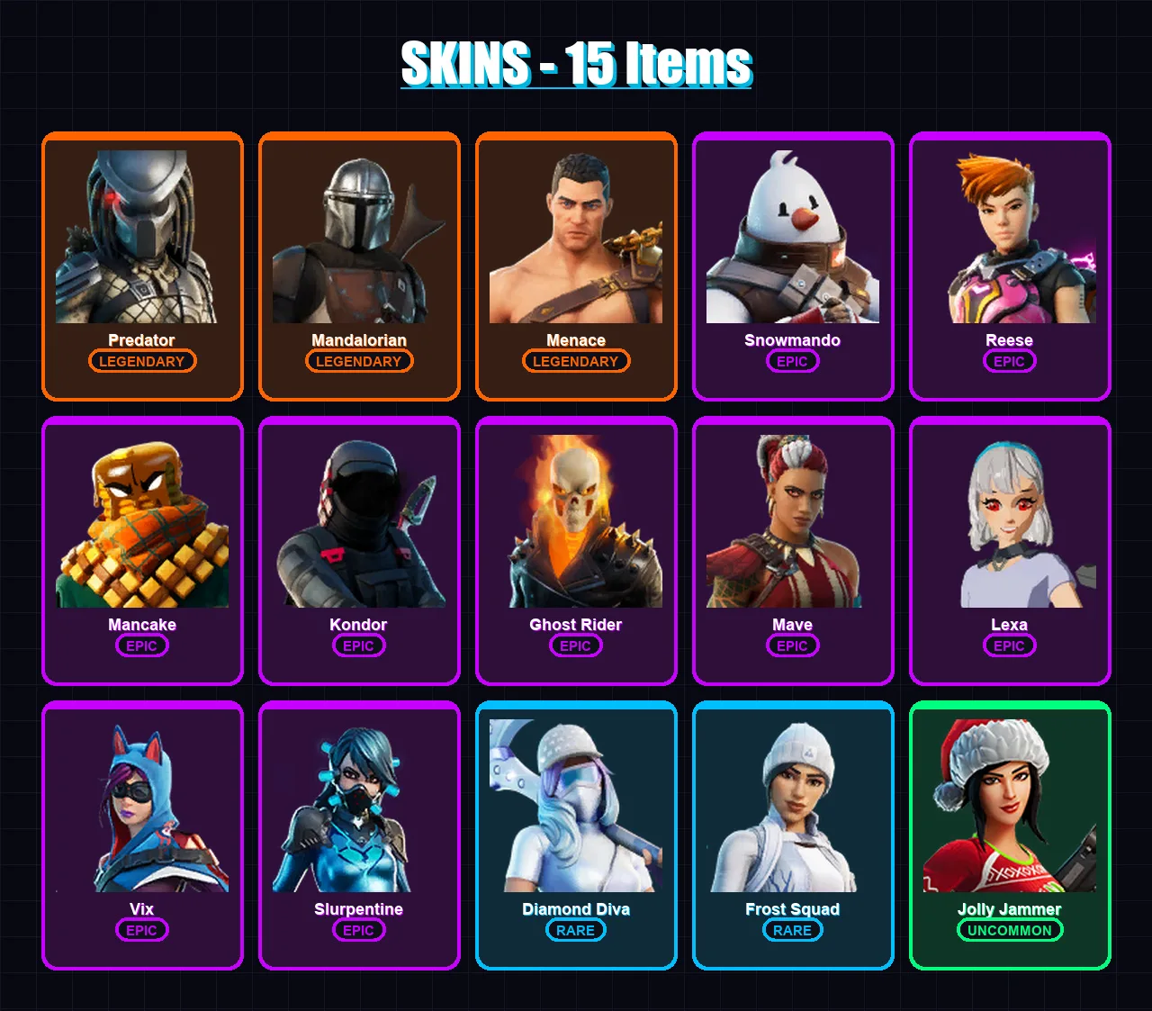 [PC/XBOX/PSN] | Predator | Mandalorian | Menace | Snowmando | Reese | 15 skin | 13 pickaxe | 9 emote | 13 glider | Lv204