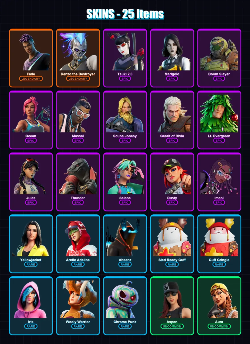 [PC/XBOX/PSN] | Fade | Renzo the Destroyer | Tsuki 2.0 | Marigold | Doom Slayer | 25 skin | 38 pickaxe | 30 emote | 36 glider | Lv541