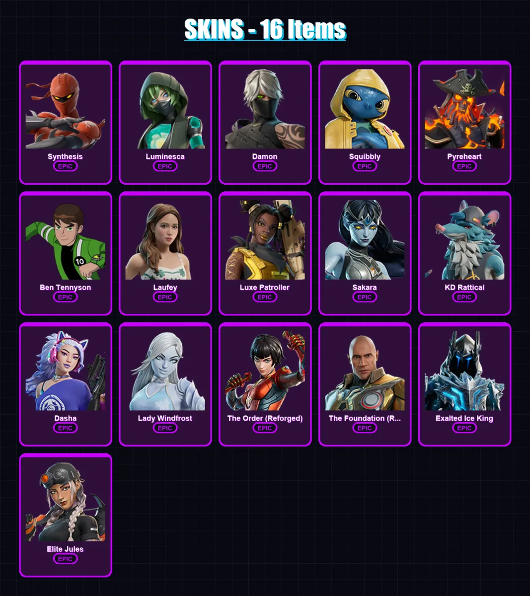 [PC/PSN] | Synthesis | Luminesca | Damon | Squibbly | Pyreheart | 16 skin | 23 pickaxe | 10 emote | 13 glider | Lv96