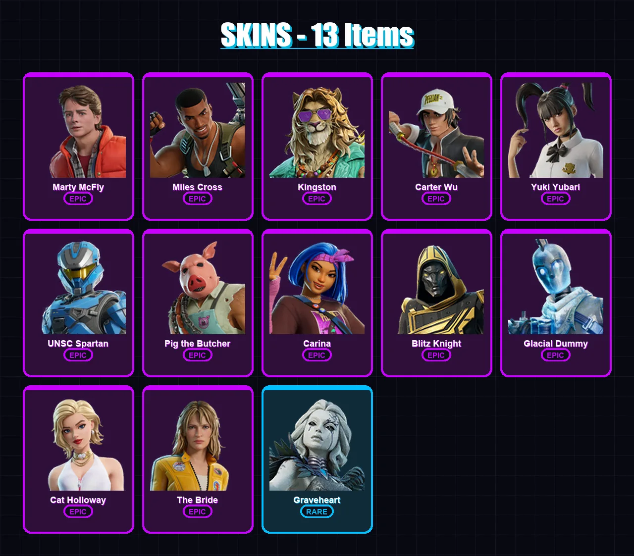 [PC/XBOX/PSN] | Marty McFly | Miles Cross | Kingston | Carter Wu | Yuki Yubari | 13 skin | 44 pickaxe | 20 emote | 24 glider | Lv376