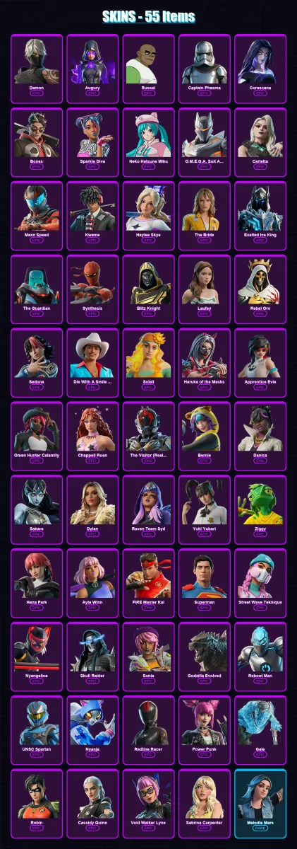[PC/PSN] | Damon | Augury | Russel | Captain Phasma | Corascana | 55 skin | 42 pickaxe | 21 emote | 21 glider | Lv91 — Fortnite account