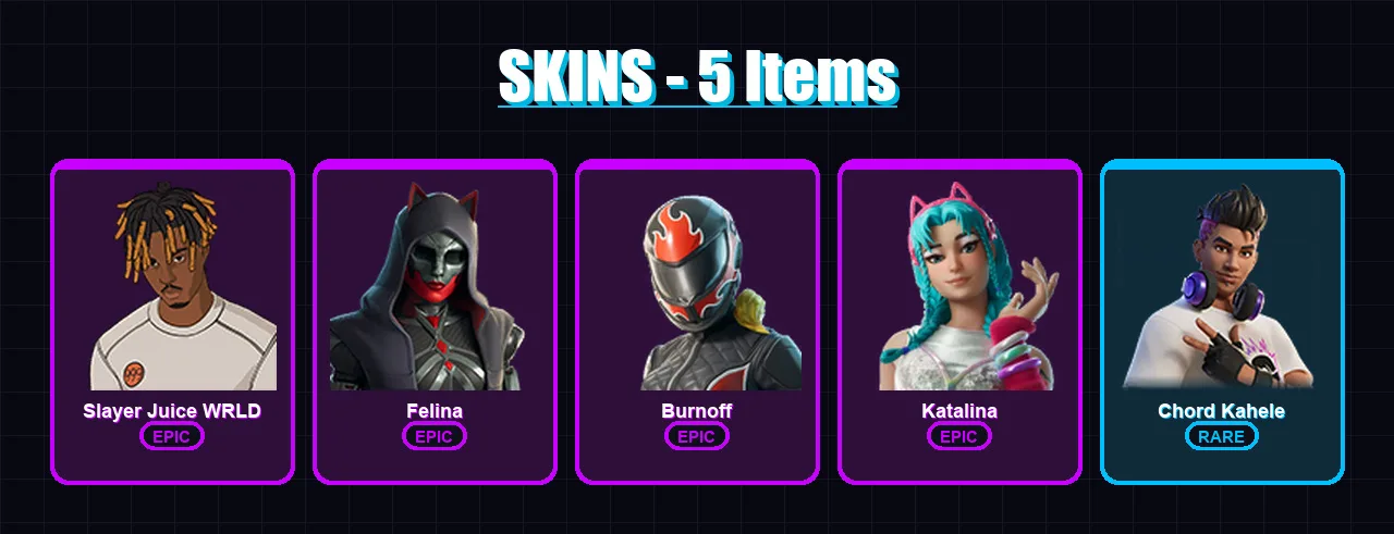 [PC/XBOX/PSN] | Slayer Juice WRLD | Felina | Burnoff | Katalina | Chord Kahele | 5 skin | 21 pickaxe | 8 emote | 14 glider | Lv157