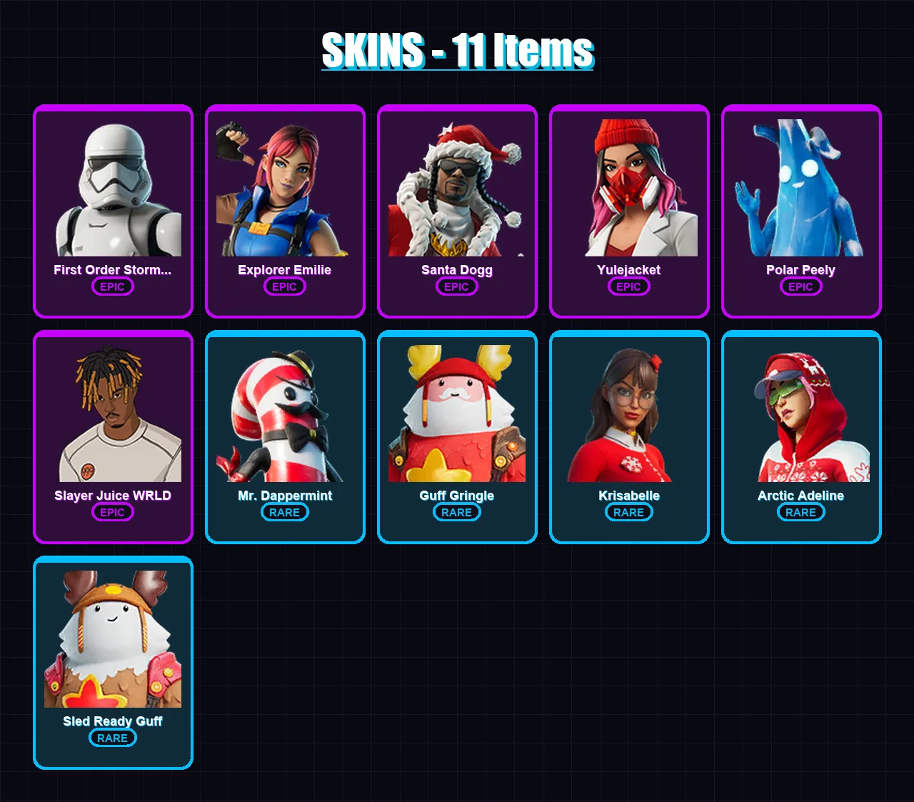 [PC/PSN] | First Order Stormtrooper | Explorer Emilie | Santa Dogg | Yulejacket | Polar Peely | 11 skin | 22 pickaxe | 6 emote | 16 glider | Lv107