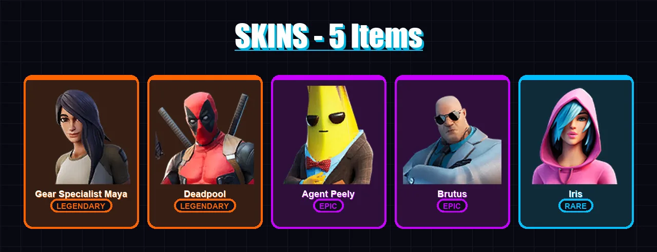 [PC/PSN] | Gear Specialist Maya | Deadpool | Agent Peely | Brutus | Iris | 5 skin | 5 pickaxe | 10 emote | 8 glider | Lv134