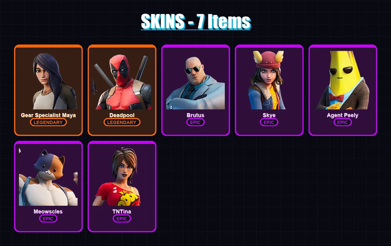 [PS4/PS5/XBOX/PC] | Gear Specialist Maya | Deadpool | Brutus | Skye | Agent Peely | 7 skin | 10 pickaxe | 11 emote | 11 glider | Lv173
