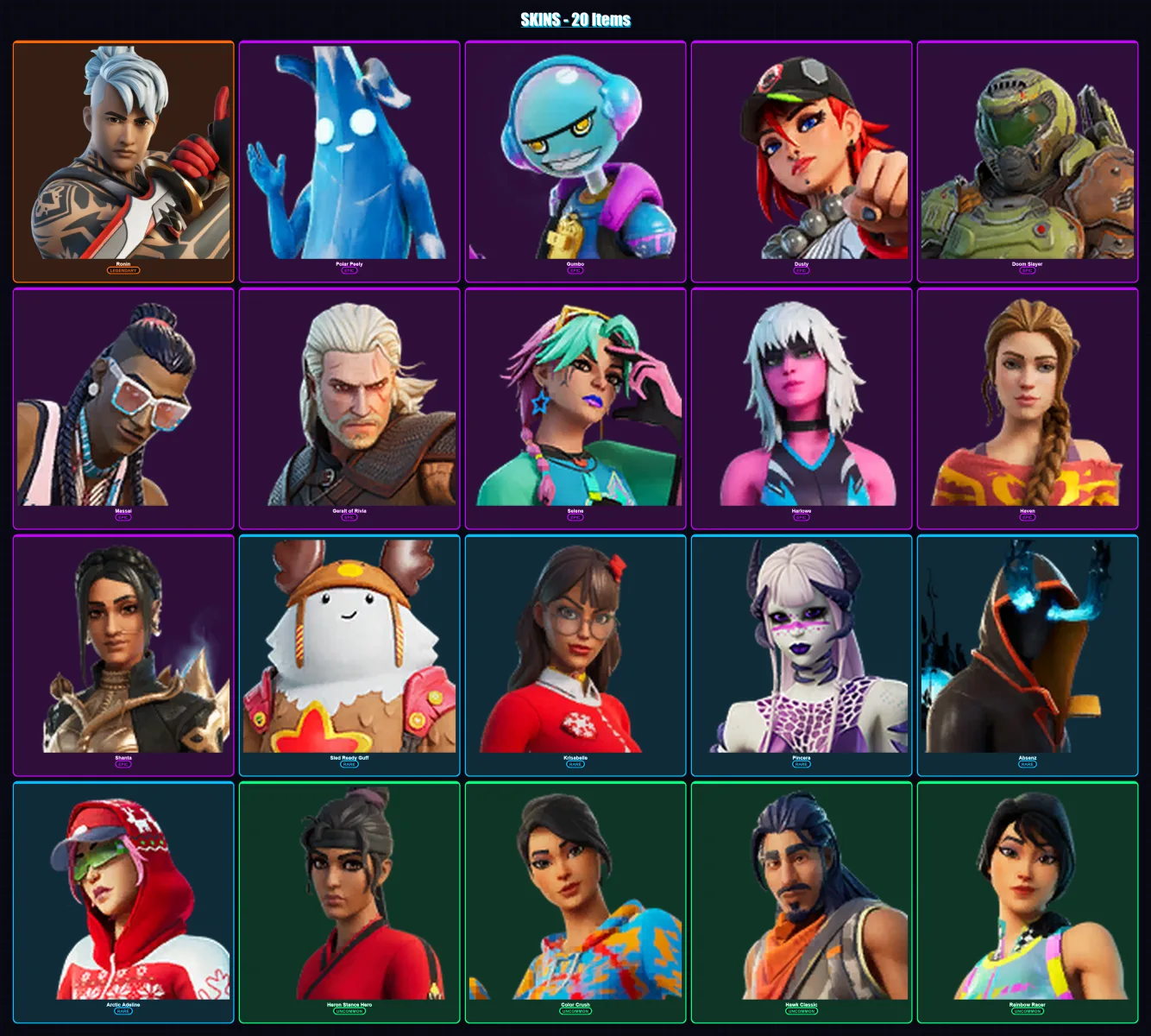 [PS4/PS5/XBOX/PC] | Ronin | Polar Peely | Gumbo | Dusty | Doom Slayer | 20 skin | 31 pickaxe | 22 emote | 36 glider | Lv410 — Fortnite account