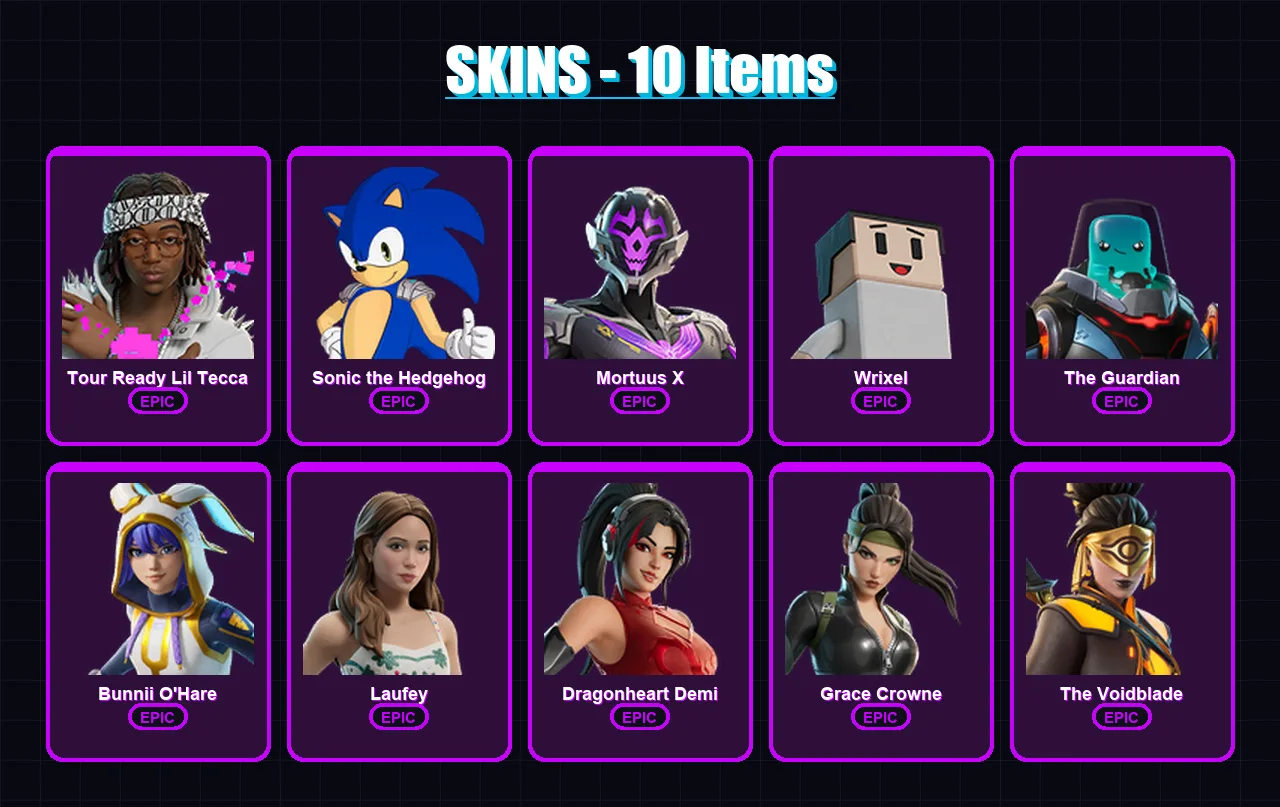 [PC/PSN] | Tour Ready Lil Tecca | Sonic the Hedgehog | Mortuus X | Wrixel | The Guardian | 10 skin | 11 pickaxe | 5 emote | 11 glider | Lv156